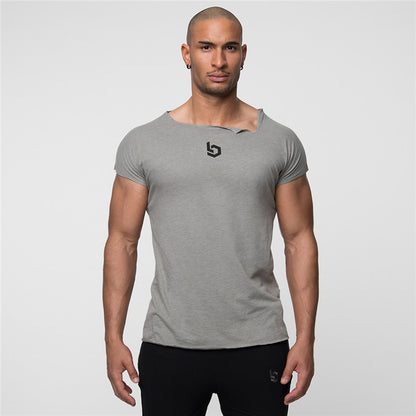 Muscle Fitness Brothers Fitness Clothes Men's Short Sleeve T-shirt Large Size Irregular Collar Sportswear Manufacturers