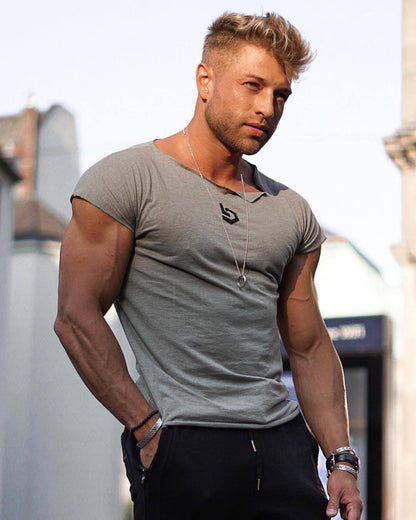 Muscle Fitness Brothers Fitness Clothes Men's Short Sleeve T-shirt Large Size Irregular Collar Sportswear Manufacturers