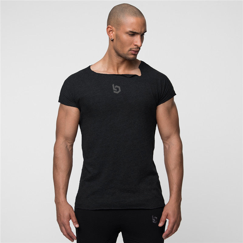 Muscle Fitness Brothers Fitness Clothes Men's Short Sleeve T-shirt Large Size Irregular Collar Sportswear Manufacturers