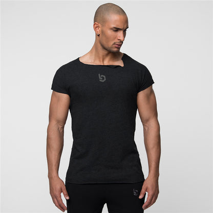 Muscle Fitness Brothers Fitness Clothes Men's Short Sleeve T-shirt Large Size Irregular Collar Sportswear Manufacturers